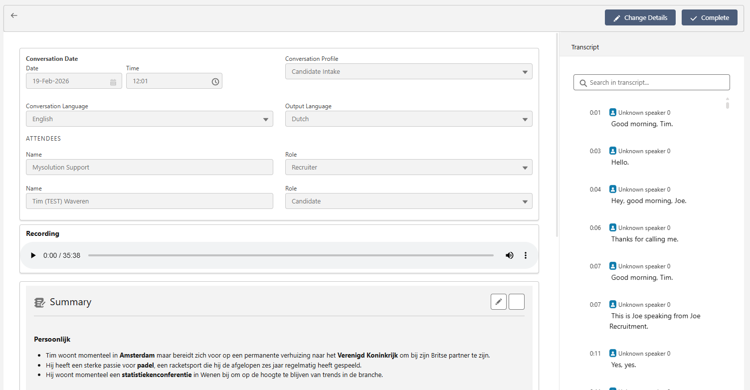 The full conversation analysis page with summary, data points, and transcript